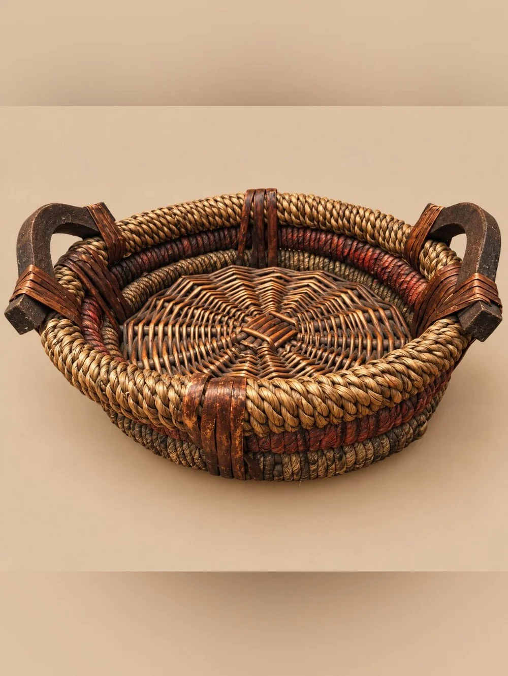 Vintage Handwoven Wicker Basket Wood Handles Rustic Boho Primitive Decor 16